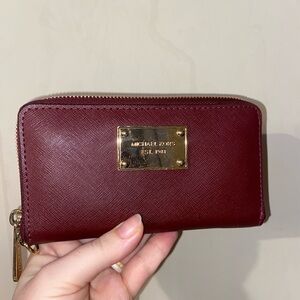 Michael Kors Burgundy Saffiano Continental Wallet with Gold Accents